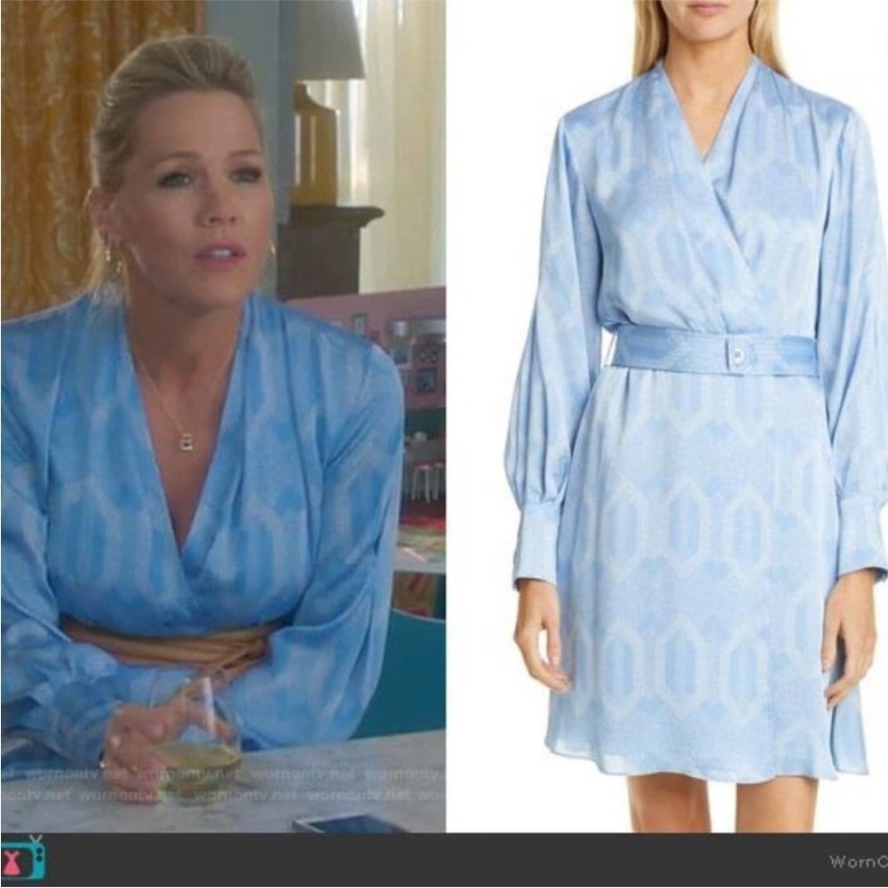 NWOT Equipment Fanetta Geo Printed Blue Long Sleeve Belted Wrap Dress 6 MSRP$425